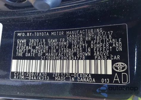 2017 Toyota Corolla L from USA, damaged, VIN 2T1BURHEXHC834778